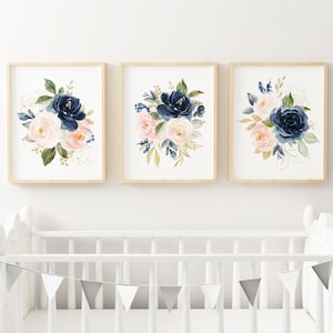 Set of 3 Pink Navy Floral Prints, Floral Nursery Wall Art, Girl Nursery Decor, Nursery Wall Decor, Floral Bouquet, Watercolor Floral Print,