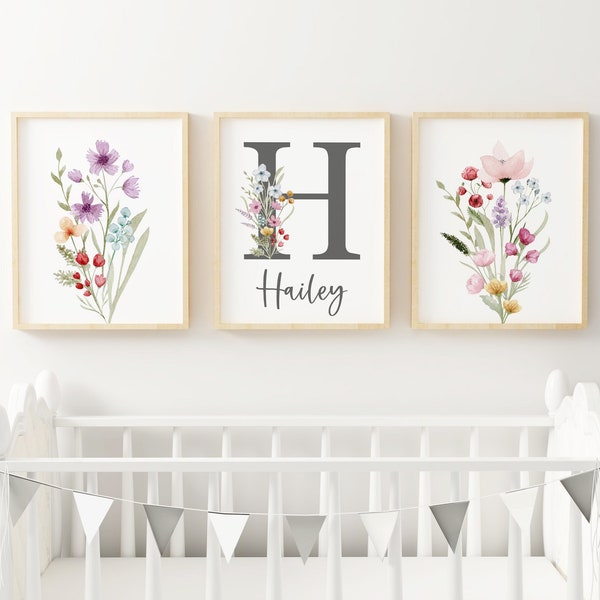 Personalized Baby Name Print, Monogram Letter, Floral Nursery Prints, Baby Girl Nursery, Wildflowers Watercolor Floral Art Prints, Baby Gift