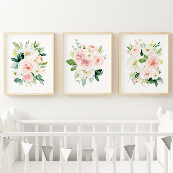 Girl Nursery Blush Pink Watercolor Floral Bouquets, Watercolor Floral Wall Art, Pink Floral Prints, Floral Nursery Art, Digital Download,