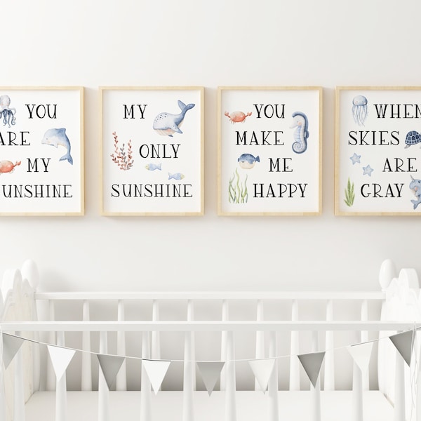 You Are My Sunshine, Lullaby Baby Nursery Prints, Nautical, Ocean, Sealife, Baby Nursery Wall Art, Blue Nursery Decor, Baby Shower Gift,