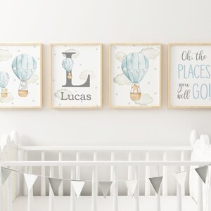 Primera impresión inicial personalizada, carta de monograma, impresiones de globos de aire caliente azul, guardería para niños, decoración de la pared de la guardería, regalo del bebé, baby shower,