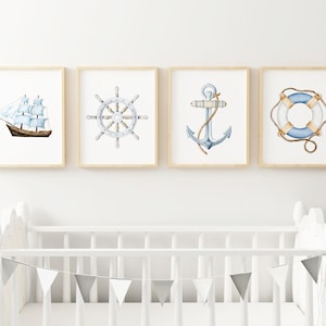 Set von 4 Baby Boy nautische Kinderzimmer Wand Kunst druckbare, Segelboot Aquarell Kindergarten Druck, Strand Haus Dekor, nautische Kinderzimmer Wand-Dekor