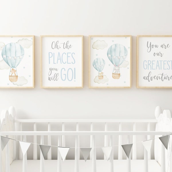 Arte de pared de la guardería en globo aerostático, Oh, los lugares a los que irás Impresión de guardería, Decoración de guardería para bebés, Regalo para bebés, Regalo para nuevas mamás,