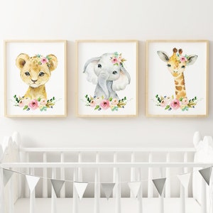 Safari Animals Pink Floral Nursery Prints, Baby Girl Watercolor Floral Safari Animal Nursery Wall Decor, Elephant Lion Girl Room Wall Art