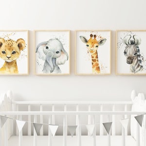 Set of 4 Boys Nursery Safari Animal Prints, Nursery Wall Decor, Elephant, Lion, Giraffe, Baby Shower Gift, Nursery Wall Art, Jungle Animals,