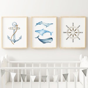 Set of 3 Baby Boy Nautical Nursery Wall Art Printable, Blue Whales Watercolor Nursery Print, Beach House Decor, Nautical Nursery Wall Decor