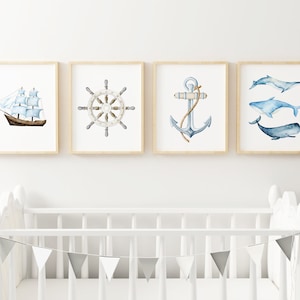Set of 4 Baby Boy Nautical Nursery Wall Art Printable, Blue Whales Watercolor Nursery Print, Beach House Decor, Nautical Nursery Wall Decor