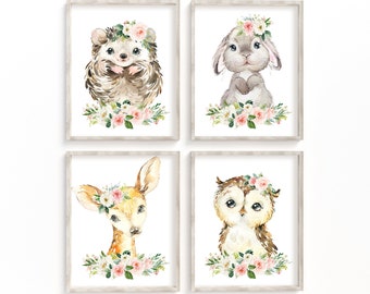 Baby Girl Nursery Wall Art, Floral Woodland Animal Prints, Girls