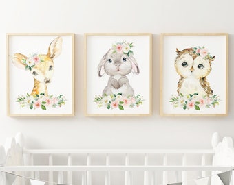 Floral Woodland Animal Prints, Baby Girl Nursery Wall Art, Girls Room Decor, Nursery Animal Print, Kids Room Decor, Watercolor Animals,
