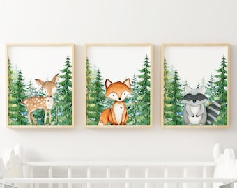 Ensemble de 3 Woodland Animals Nursery Print, Evergreens, Baby Boy Woodland Nursery Wall Art, Woodland Decor, Forest Animals Nursery Wall Decor