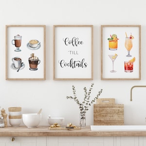 Coffee till Cocktails Print, Cocktail Bar, Cafetería, Decoración de Restaurantes, Arte De Bar Acuarela, Arte Mural De Cocina, Decoración Del Hogar, Impresión Digital,