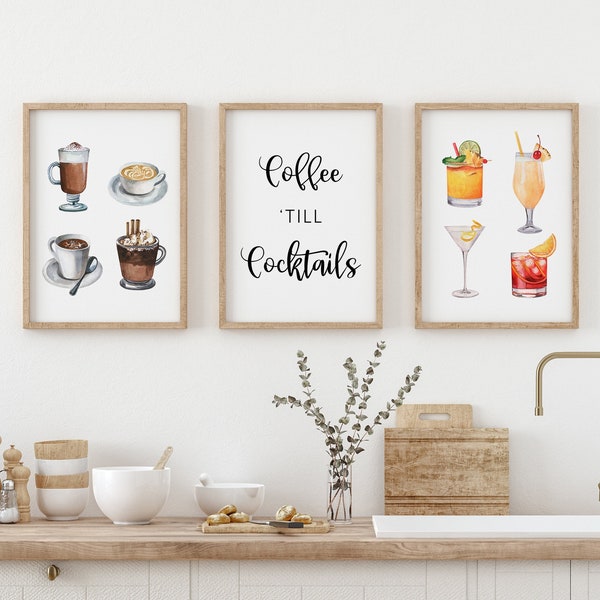 Coffee till Cocktails Print, Cocktail Bar, Coffee Shop, Restaurant Decor, Watercolor Bar Art, Kitchen Wall Art, Home Decor, Digital Print,