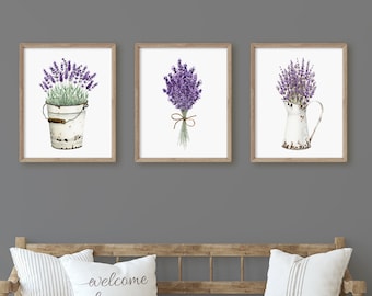 Lavendel Drucke, Aquarell Lavendel Wandkunst, rustikale Bauernhaus Dekor, Bauernhaus Wandkunst, Schlafzimmer Wandkunst, Set von 3, Home Decor Geschenk,