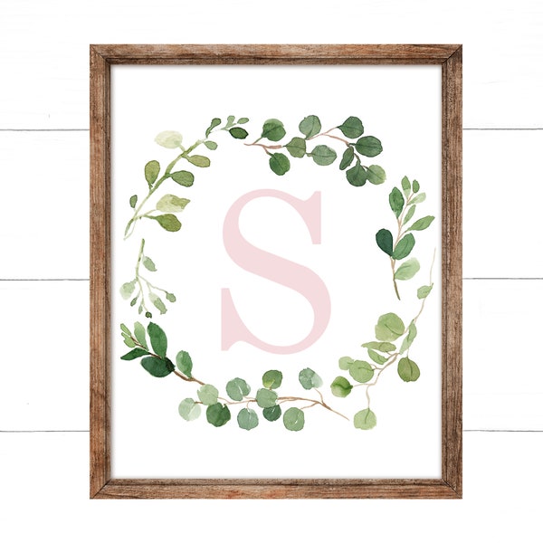 Pink Letter S Eucalyptus Wreath Print, First Initial, Monogram, Nursery Wall Decor, Watercolor Eucalyptus Nursery Wall Art, Digital Download