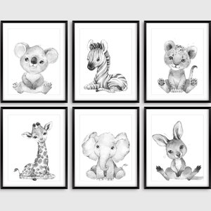 6 Black and White Animal Nursery Prints, Baby Animal Prints, Nursery Wall Decor, Safari Animals, Baby Shower Gift, Koala Kangaroo Elephant,