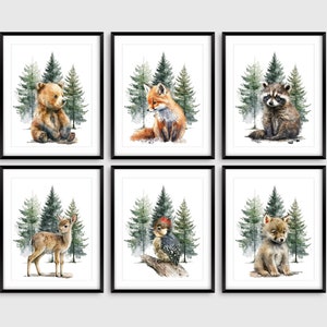 6 Nursery Woodland Animal Prints, Nursery Wall Decor, Baby Shower Gift, Nursery Art, Forest Animals, Watercolor Animals, Bear Fox Deer Wolf,