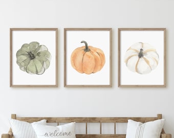 Set of 3 Pumpkin Prints, Fall Decor, Autumn Wall Art, Fall Pumpkin Print, Farmhouse Decor, Living Room Decor, Thanksgiving, Kitchen Decor,