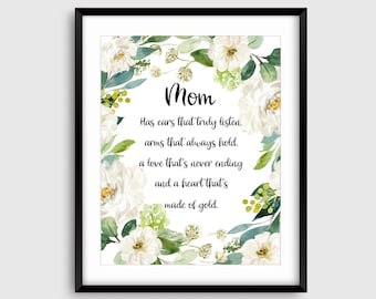 Mom Poem Print, Mothers Day Gift, Mothers Day Quote Printable, Mothers Day Print, Mom Birthday Gift, White Floral, Mothers Poem Gift for Mom