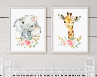 Baby Girl Nursery Wall Decor, Safari Animals Nursery Prints, Baby Girl Nursery Watercolor Floral Safari Animal Printables, Digital Download