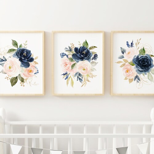 Pink Navy Watercolor Floral Nursery Art Monogram Print - Etsy