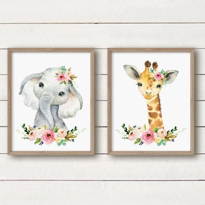 Safari Animals Nursery Prints, Baby Girl Nursery Watercolor Floral Safari Animal Printables, Elephant Nursery Wall Decor, Girl Room Wall Art