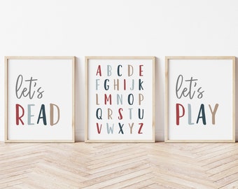 Alphabet Print, Let's Read Let's Play Prints, Boy Toddler Playroom Wall Art, Playroom Poster, Playroom Signs, Kids Room Decor, Homeschool,