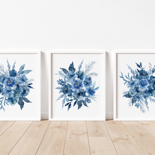 Watercolor Blue Flowers.Wall Art Set of 3 Piece