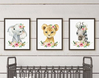 Rosa Floral Safari Tier Kinderzimmer Wand-Dekor, Baby Mädchen Kinderzimmer Aquarell Floral Safari Tier Printables, Elefant Löwe Mädchen Zimmer Wandkunst