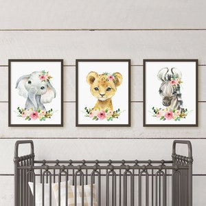 Pink Floral Safari Animal Nursery Wall Decor, Baby Girl Nursery Watercolor Floral Safari Animal Printables, Elephant Lion Girl Room Wall Art