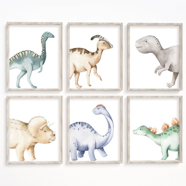Set of 6 Boy Nursery Dinosaur Prints, Nursery Wall Art, Dinosaur Decor, Boys Room Wall Art, Kids Room Decor, Dinosaur Art, Watercolor Art,