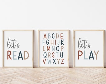Alphabet Print, Let's Play Let's Read Prints, Boy Toddler Playroom Wall Art, Playroom Poster, Playroom Signs, Kids Room Decor, Homeschool,