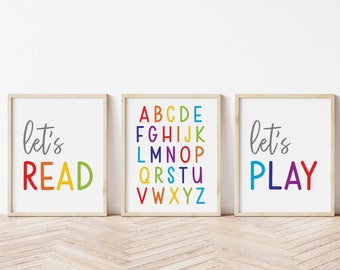 Rainbow Alphabet Print, Let's Play Let's Read Prints, Homeschool, Toddler Playroom Wall Art, Playroom Poster, Playroom Sign, Kids Room Decor