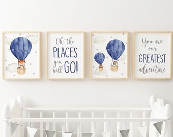 Navy Blue Hot Air Balloon Nursery Wall Art, Oh the places you will go Nursery Print, Baby Boy Nursery Decor, Baby Shower Gift, New Mom Gift,