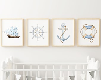 Set van 4 Baby Boy nautische kwekerij Wall Art afdrukbare, zeilboot aquarel kwekerij print, Beach House decor, nautische kwekerij Wall Decor