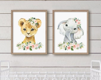 Baby Mädchen Kinderzimmer Aquarell Floral Safari Tier Printables, erröten rosa Safari Tier, Kinderzimmer Wand-Dekor, Mädchen Zimmer Wandkunst, druckbare