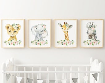 Aquarell Floral Safari Tier Baby Mädchen Kinderzimmer Wand-Dekor, erröten rosa Kindergarten Safari Tier Printables, Elefant Löwe, Mädchen Zimmer Wandkunst