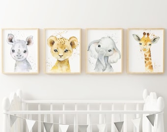 May include: Four watercolor animal prints in wooden frames. The prints feature a rhinoceros, a lion, an elephant, and a giraffe. The prints are set against a white wall with a white crib in the foreground.