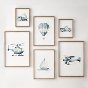 Set of 6 Travel Boy Nursery Wall Art, Vintage Transportation Nursery Decor, Blue Hot Air Balloon Plane Train Truck Prints, Digital Download,