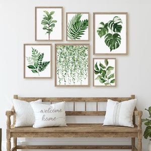 Set of 6 Botanical Print Set, Plant Posters, Greenery Prints, Leaf Prints, Foliage Prints, Living Room Decor, Watercolor Botanical Prints,