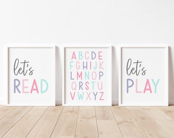 Let's Play Let's Read Prints, Alphabet Print, Homeschool, Girl Toddler Playroom Wall Art, Playroom Poster, Playroom Signs, Kids Room Decor,