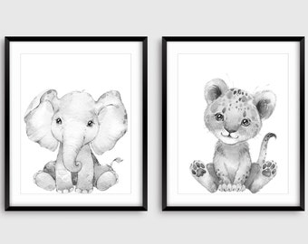 2 Black and White Animal Nursery Prints, Safari Animal Prints, Nursery Wall Decor, Jungle Animals, Baby Shower Gift, Gender Neutral Nursery,