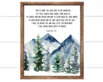 Kid's Bible Verse Woodland Nursery Prints, Isaiah 45: 1-2, Mountains Trees, Christian Nursery Gift, Boy Wall Art, Nursery Decor, Scripture,