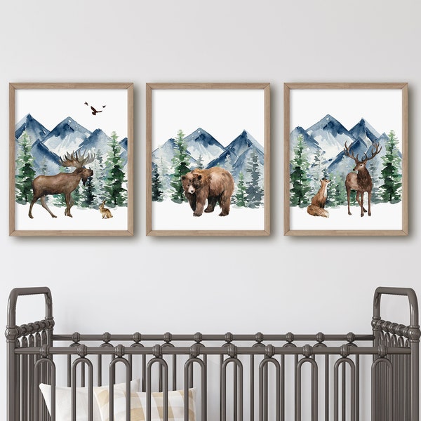 Woodland Animal Prints, Boy Woodland Nursery Prints, Mountain Prints, Nursery Wall Art, Woodland Nursery Decor, Printable Wall Art,