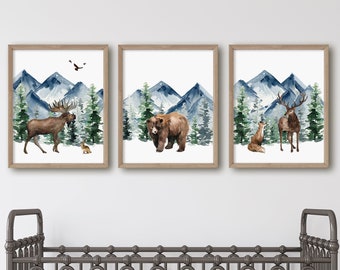 Bos dierenprints, Boy Woodland kwekerij prints, berg prints, kinderkamer kunst aan de muur, bosrijke kwekerij decor, afdrukbare muur kunst,