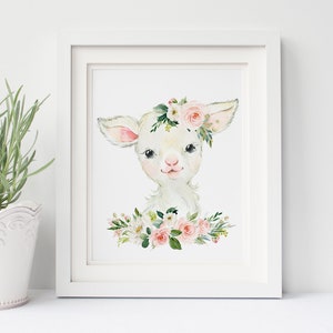 May include: A watercolor painting of a white lamb with a pink and white flower crown. The lamb is surrounded by pink and white flowers and green leaves.