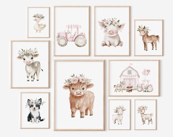 Set of 10 Farm Nursery Prints, Farm Animals, Pink Tractor Barn, Highland Cow Pig, Farmhouse Art Poster, Farm Wall Decor, Instant Download