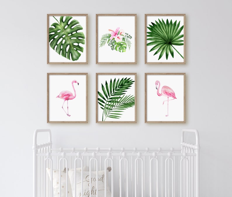Tropical Leafs Nursery Wall Decor New Mom Gift Baby Shower Gift Tropical Nursery Wall Art Tropical Flamingo Print