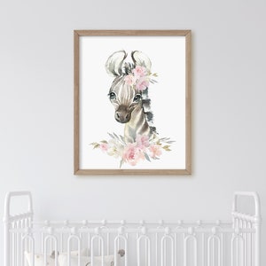May include: A watercolour painting of a zebra wearing a pink flower crown. The zebra is looking at the viewer with a sweet expression. The background is white.