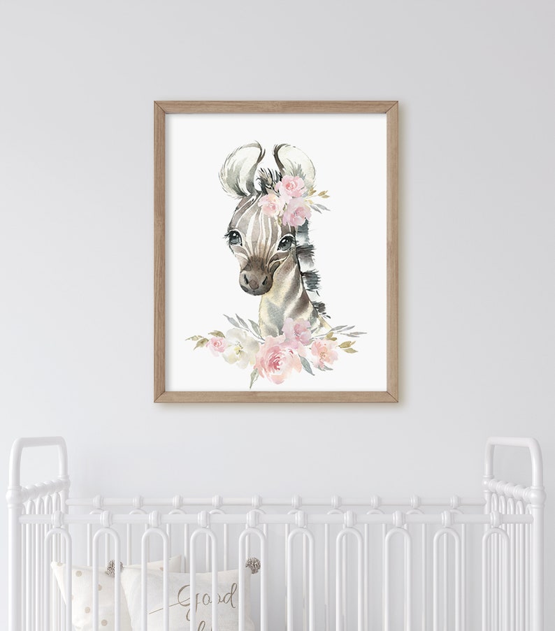May include: A watercolour painting of a zebra wearing a pink flower crown. The zebra is looking at the viewer with a sweet expression. The background is white.