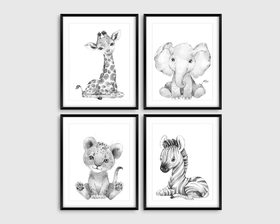 4 Black and White Animal Nursery Prints Safari Animal Prints Etsy